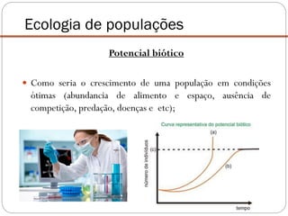 Potencial biótico
 Como seria o crescimento de uma população em condições
ótimas (abundancia de alimento e espaço, ausência de
competição, predação, doenças e etc);
Ecologia de populações
 