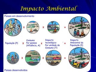 Impacto Ambiental
Paises em desenvolvimento




                   Consumo          Impacto          Impacto
População (P)      Por pessoa       tecnológico      Ambiental da
                   (Afluência, A)   Por unidade de   População (I)
                                    Consumo (T)




Paises desenvolvidos
 