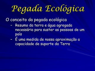 Pegada Ecológica
O conceito da pegada ecológica
  – Resumo da terra e água agregada
    necessária para suster as pessoas de um
    país
  – É uma medida de nossa aproximação a
    capacidade de suporte da Terra
 