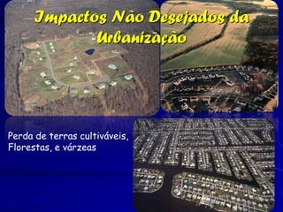 Impactos Não Desejados da
             Urbanização




Perda de terras cultiváveis,
Florestas, e várzeas
 