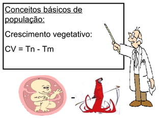 Conceitos básicos de população: Crescimento vegetativo: CV = Tn - Tm - 