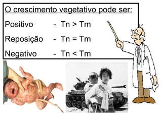 O crescimento vegetativo pode ser: Positivo  -  Tn > Tm Reposição -  Tn = Tm Negativo -  Tn < Tm 