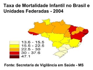 Taxa de Mortalidade Infantil no Brasil e Unidades Federadas - 2004 Fonte: Secretaria de Vigilância em Saúde - MS   