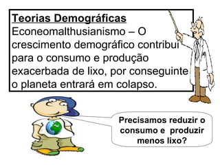 Teorias Demográficas   Econeomalthusianismo – O crescimento demográfico contribui para o consumo e produção exacerbada de lixo, por conseguinte o planeta entrará em colapso. Precisamos reduzir o consumo e  produzir menos lixo? 