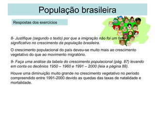 População brasileira
 Respostas dos exercícios



8- Justifique (segundo o texto) por que a imigração não foi um fator
significativo no crescimento da população brasileira.
O crescimento populacional do país deveu-se muito mais ao crescimento
vegetativo do que ao movimento migratório.
9- Faça uma análise da tabela do crescimento populacional (pág. 87) levando
em conta os decênios 1950 – 1960 e 1991 – 2000 (leia a página 88).
Houve uma diminuição muito grande no crescimento vegetativo no período
compreendido entre 1991-2000 devido as quedas das taxas de natalidade e
mortalidade.
 