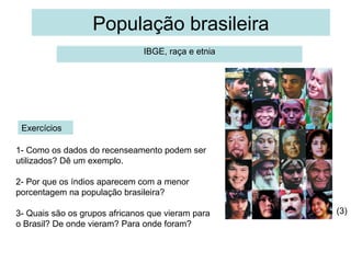 População brasileira
                               IBGE, raça e etnia




 Exercícios
                                                    1
1- Como os dados do recenseamento podem ser
utilizados? Dê um exemplo.

2- Por que os índios aparecem com a menor
porcentagem na população brasileira?

3- Quais são os grupos africanos que vieram para        (3)
o Brasil? De onde vieram? Para onde foram?
 