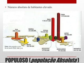 POPULOSO (população Absoluta )
• Número absoluto de habitantes elevado.
 