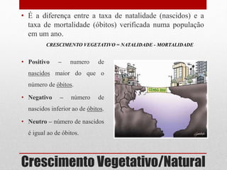 Crescimento Vegetativo/Natural
• É a diferença entre a taxa de natalidade (nascidos) e a
taxa de mortalidade (óbitos) verificada numa população
em um ano.
• Positivo – numero de
nascidos maior do que o
número de óbitos.
• Negativo – número de
nascidos inferior ao de óbitos.
• Neutro – número de nascidos
é igual ao de óbitos.
CRESCIMENTO VEGETATIVO = NATALIDADE - MORTALIDADE
 