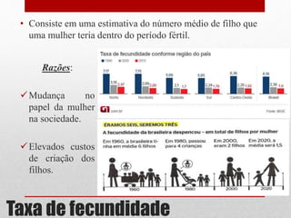 Taxa de fecundidade
• Consiste em uma estimativa do número médio de filho que
uma mulher teria dentro do período fértil.
Razões:
Mudança no
papel da mulher
na sociedade.
Elevados custos
de criação dos
filhos.
 
