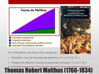 Thomas Robert Malthus (1766-1834)
Em 1798 publicou seu Ensaio sobre a população.
• População cresceria em progressão geométrica (2, 4, 6, 8, 16, 32...)
• Produção de alimentos cresceria em progressão aritmética ( 2, 4, 6, 8, 10..)
 