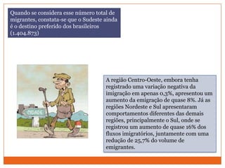 Quando se considera esse número total de migrantes, constata-se que o Sudeste ainda é o destino preferido dos brasileiros (1.404.873)A região Centro-Oeste, embora tenha registrado uma variação negativa da imigração em apenas 0,3%, apresentou um aumento da emigração de quase 8%. Já as regiões Nordeste e Sul apresentaram comportamentos diferentes das demais regiões, principalmente o Sul, onde se registrou um aumento de quase 16% dos fluxos imigratórios, juntamente com uma redução de 25,7% do volume de emigrantes. 
