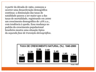 A partir da década de 1960, começou a ocorrer uma desaceleração demográfica contínua: a diminuição das taxas de natalidade passou a ser maior que a das taxas de mortalidade, registrando em 2000 um crescimento demográfico de 1,6% a.a., com tendência à queda. Essa mudança no padrão do crescimento populacional brasileiro mostra uma situação típica da segunda fase de transição demográfica.