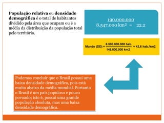 População relativa ou densidade demográfica é o total de habitantes dividido pela área que ocupam ou é a média da distribuição da população total pelo território.190.000.0008.547.000 km²  =    22.2Podemos concluir que o Brasil possui uma baixa densidade demográfica, pois está muito abaixo da média mundial. Portanto o Brasil é um país populoso e pouco povoado; isto é, possui uma grande população absoluta, mas uma baixa densidade demográfica. 