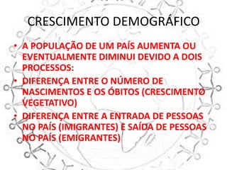 CRESCIMENTO DEMOGRÁFICO
• A POPULAÇÃO DE UM PAÍS AUMENTA OU
  EVENTUALMENTE DIMINUI DEVIDO A DOIS
  PROCESSOS:
• DIFERENÇA ENTRE O NÚMERO DE
  NASCIMENTOS E OS ÓBITOS (CRESCIMENTO
  VEGETATIVO)
• DIFERENÇA ENTRE A ENTRADA DE PESSOAS
  NO PAÍS (IMIGRANTES) E SAÍDA DE PESSOAS
  NO PAÍS (EMIGRANTES)
 