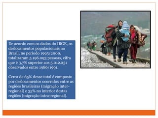 De acordo com os dados do IBGE, os
deslocamentos populacionais no
Brasil, no período 1995/2000,
totalizaram 5.196.093 pessoas, cifra
que é 3,7% superior aos 5.012.251
observados entre 1986/1991.
Cerca de 65% desse total é composto
por deslocamentos ocorridos entre as
regiões brasileiras (migração inter-
regional) e 35% no interior destas
regiões (migração intra-regional).
 