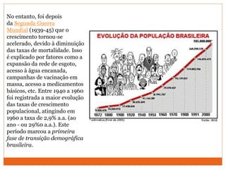 No entanto, foi depois
da Segunda Guerra
Mundial (1939-45) que o
crescimento tornou-se
acelerado, devido à diminuição
das taxas de mortalidade. Isso
é explicado por fatores como a
expansão da rede de esgoto,
acesso à água encanada,
campanhas de vacinação em
massa, acesso a medicamentos
básicos, etc. Entre 1940 a 1960
foi registrada a maior evolução
das taxas de crescimento
populacional, atingindo em
1960 a taxa de 2,9% a.a. (ao
ano - ou 29%0 a.a.). Este
período marcou a primeira
fase de transição demográfica
brasileira.
 