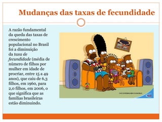 Mudanças das taxas de fecundidade
A razão fundamental
da queda das taxas de
crescimento
populacional no Brasil
foi a diminuição
da taxa de
fecundidade (média de
número de filhos por
mulher em idade de
procriar, entre 15 a 49
anos), que caiu de 6,3
filhos, em 1960, para
2,0 filhos, em 2006, o
que significa que as
famílias brasileiras
estão diminuindo.
 
