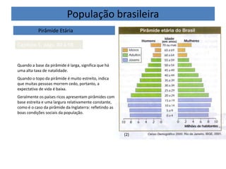 População brasileira
Pirâmide Etária
Capítulo 5, págs. 80 à 98
(2)
Quando a base da pirâmide é larga, significa que há
uma alta taxa de natalidade.
Quando o topo da pirâmide é muito estreito, indica
que muitas pessoas morrem cedo, portanto, a
expectativa de vida é baixa.
Geralmente os países ricos apresentam pirâmides com
base estreita e uma largura relativamente constante,
como é o caso da pirâmide da Inglaterra: refletindo as
boas condições sociais da população.
 