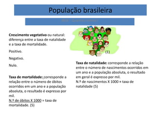 População brasileira
IBGE - Quantos somos?
(1)
Crescimento vegetativo ou natural:
diferença entre a taxa de natalidade
e a taxa de mortalidade.
Positivo.
Negativo.
Nulo.
Taxa de mortalidade: corresponde a
relação entre o número de óbitos
ocorridos em um ano e a população
absoluta, o resultado é expresso por
mil.
N.º de óbitos X 1000 = taxa de
mortalidade. (5)
Taxa de natalidade: corresponde a relação
entre o número de nascimentos ocorridos em
um ano e a população absoluta, o resultado
em geral é expresso por mil.
N.º de nascimentos X 1000 = taxa de
natalidade (5)
 