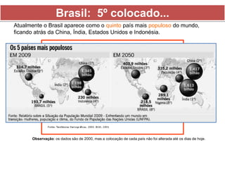 Brasil: 5º colocado... 
Atualmente o Brasil aparece como o quinto país mais populoso do mundo, 
ficando atrás da China, Índia, Estados Unidos e Indonésia. 
Observação: os dados são de 2000, mas a colocação de cada país não foi alterada até os dias de hoje. 
 