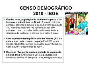CENSO DEMOGRÁFICO 
2010 - IBGE 
 Em dez anos, população de mulheres superou a de 
homens em 4 milhões no Brasil. A relação entre os 
gêneros, segundo o estudo, é de 96 homens para cada 
100 mulheres. Nascem 105 homens a cada 100 
mulheres, mas como eles estão mais vulneráveis a 
situações de violência, o número de mortes é maior 
 Com explosão demográfica, Rio das Ostras (RJ) é a 
cidade que mais cresceu no país (Em 2000, eram 
36.419 habitantes, número que saltou para 105.676 no 
Censo 2010 --crescimento de 190%). 
 Maetinga (BA) perde quase a metade da população 
em dez anos (Entre 2000 e 2010, a população do 
município caiu de 13.686 para 7.038, redução de 49%). 
 