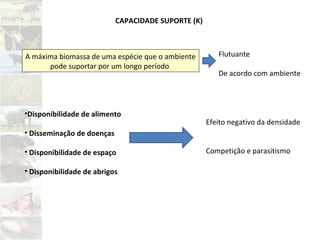 CAPACIDADE SUPORTE (K)
Flutuante
De acordo com ambiente
Efeito negativo da densidade
Competição e parasitismo
A máxima biomassa de uma espécie que o ambiente
pode suportar por um longo período
•Disponibilidade de alimento
• Disseminação de doenças
• Disponibilidade de espaço
• Disponibilidade de abrigos
 