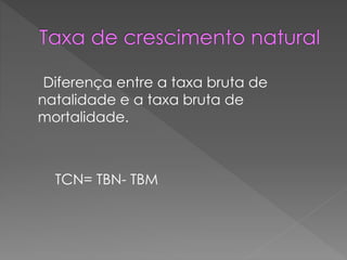 Diferença entre a taxa bruta de
natalidade e a taxa bruta de
mortalidade.
TCN= TBN- TBM
 