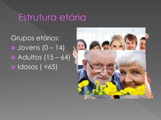 Grupos etários:
 Jovens (0 – 14)
 Adultos (15 – 64)
 Idosos ( <65)
 