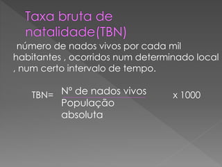 número de nados vivos por cada mil
habitantes , ocorridos num determinado local
, num certo intervalo de tempo.
TBN= x 1000Nº de nados vivos
População
absoluta
 