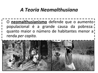 A Teoria Neomalthusiana
O neomalthusianismo defende que o aumento
populacional é a grande causa da pobreza:
quanto maior o número de habitantes menor a
renda per capita.

14

 