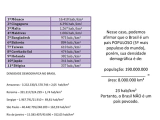 Nesse caso, podemos
afirmar que o Brasil é um
país POPULOSO (5º mais
populoso do mundo),
porém, sua densidade
demográfica é de:
DENSIDADE DEMOGRAFICA NO BRASIL

população: 190.000.000
____________________ =
área: 8.000.000 km²

Amazonas - 3.232.330/1.570.746 = 2,05 hab/km²
Roraima – 391.317/224.299 = 1,74 hab/km²
Sergipe – 1.967.791/21.910 = 89,81 hab/km²
São Paulo – 40.442.795/248.209 = 162,93 hab/km²
Rio de janeiro – 15.383.407/43.696 = 352,05 hab/km²

23 hab/km²
Portanto, o Brasil NÃO é um
país povoado.

 