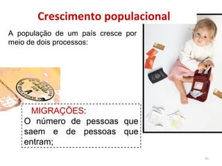 Crescimento populacional
A população de um país cresce por
meio de dois processos:

MIGRAÇÕES:
O número de pessoas que
saem e de pessoas que
entram;
31

 