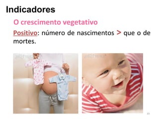 Indicadores
O crescimento vegetativo
Positivo: número de nascimentos
mortes.

> que o de

33

 