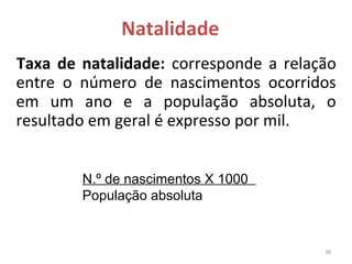 Natalidade
Taxa de natalidade:  corresponde  a  relação 
entre  o  número  de  nascimentos  ocorridos 
em  um  ano  e  a  população  absoluta,  o 
resultado em geral é expresso por mil.
N.º de nascimentos X 1000
População absoluta

38

 