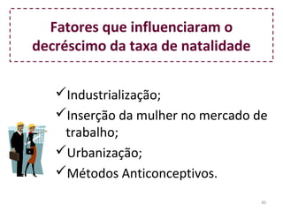 Fatores que influenciaram o
decréscimo da taxa de natalidade
Industrialização;
Inserção da mulher no mercado de 
trabalho;
Urbanização;
Métodos Anticonceptivos.
40

 