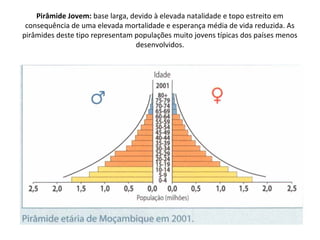 Pirâmide Jovem: base larga, devido à elevada natalidade e topo estreito em 
consequência de uma elevada mortalidade e esperança média de vida reduzida. As 
pirâmides deste tipo representam populações muito jovens típicas dos países menos 
desenvolvidos.

 