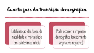 Quarta fase da transição demográfica
Estabilização das taxas de
natalidade e mortalidade
em baixíssimos níveis
Pode ocorrer a implosão
demográfica (crescimento
vegetativo negativo)
 