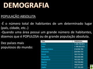 POPULAÇÃO ABSOLUTA

-É o número total de habitantes de um determinado lugar
(país, cidade, etc..)
-Quando uma área possui um grande número de habitantes,
dizemos que é POPULOSA ou de grande população absoluta.
Dez países mais
populosos do mundo:




                            Oficina elaborada pela Professora FERNANDA BRUM LOPES - Geografia
 