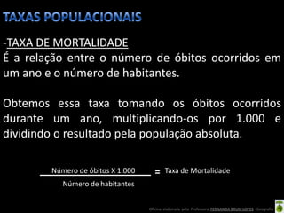 -TAXA DE MORTALIDADE
É a relação entre o número de óbitos ocorridos em
um ano e o número de habitantes.

Obtemos essa taxa tomando os óbitos ocorridos
durante um ano, multiplicando-os por 1.000 e
dividindo o resultado pela população absoluta.

        Número de óbitos X 1.000           Taxa de Mortalidade
           Número de habitantes


                                   Oficina elaborada pela Professora FERNANDA BRUM LOPES - Geografia
 