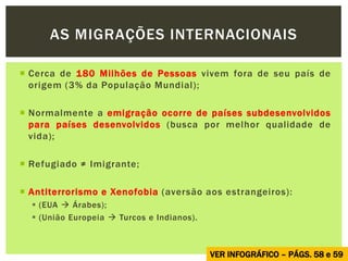  Cerca de 180 Milhões de Pessoas vivem fora de seu país de
origem (3% da População Mundial);
 Normalmente a emigração ocorre de países subdesenvolvidos
para países desenvolvidos (busca por melhor qualidade de
vida);
 Refugiado ≠ Imigrante;
 Antiterrorismo e Xenofobia (aversão aos estrangeiros):
 (EUA  Árabes);
 (União Europeia  Turcos e Indianos).
AS MIGRAÇÕES INTERNACIONAIS
VER INFOGRÁFICO – PÁGS. 58 e 59
 