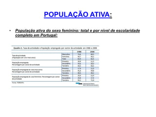 POPULAÇÃO ATIVA:
• População ativa do sexo feminino: total e por nível de escolaridade
completo em Portugal:
 