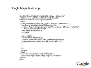 <!DOCTYPE html PUBLIC "-//W3C//DTD XHTML 1.0 Strict//EN" "http://www.w3.org/TR/xhtml1/DTD/xhtml1-strict.dtd"> <html xmlns="http://www.w3.org/1999/xhtml"> <head> <meta http-equiv="content-type" content="text/html; charset=utf-8"/> <title>Google Maps JavaScript API Example</title> <script src="http://maps.google.com/maps?file=api&amp;v=2&amp;key=abcdefg" type="text/javascript"></script> <script type="text/javascript"> //<![CDATA[ function load() { if (GBrowserIsCompatible()) { var map = new GMap2(document.getElementById("map")); map.setCenter(new GLatLng(37.4419, -122.1419), 13); } } //]]> </script> </head> <body onload="load()" onunload="GUnload()"> <div id="map" style="width: 500px; height: 300px"></div> </body> </html> Google Maps JavaScript 