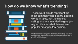 How do we know what’s trending?
These word clouds represent the
most commonly used genre-specific
words in titles, not the highest-
selling, and are intended to give you
a good idea for what themes are
popular among fellow authors.
Our three newest categories (Business, Parenting, and Dark
Erotica) have not been included because they are too new to
provide sufficient data.
 