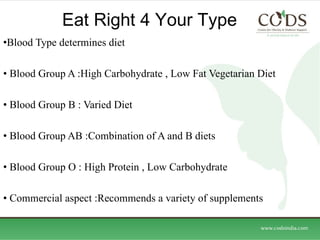 Eat Right 4 Your Type  Blood Type determines diet Blood Group A :High Carbohydrate , Low Fat Vegetarian Diet  Blood Group B : Varied Diet  Blood Group AB :Combination of A and B diets  Blood Group O : High Protein , Low Carbohydrate  Commercial aspect :Recommends a variety of supplements 