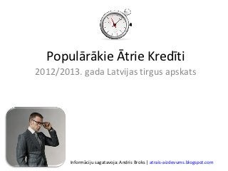 Populārākie Ātrie Kredīti
2012/2013. gada Latvijas tirgus apskats




        Informāciju sagatavoja: Andris Broks | atrais-aizdevums.blogspot.com
 