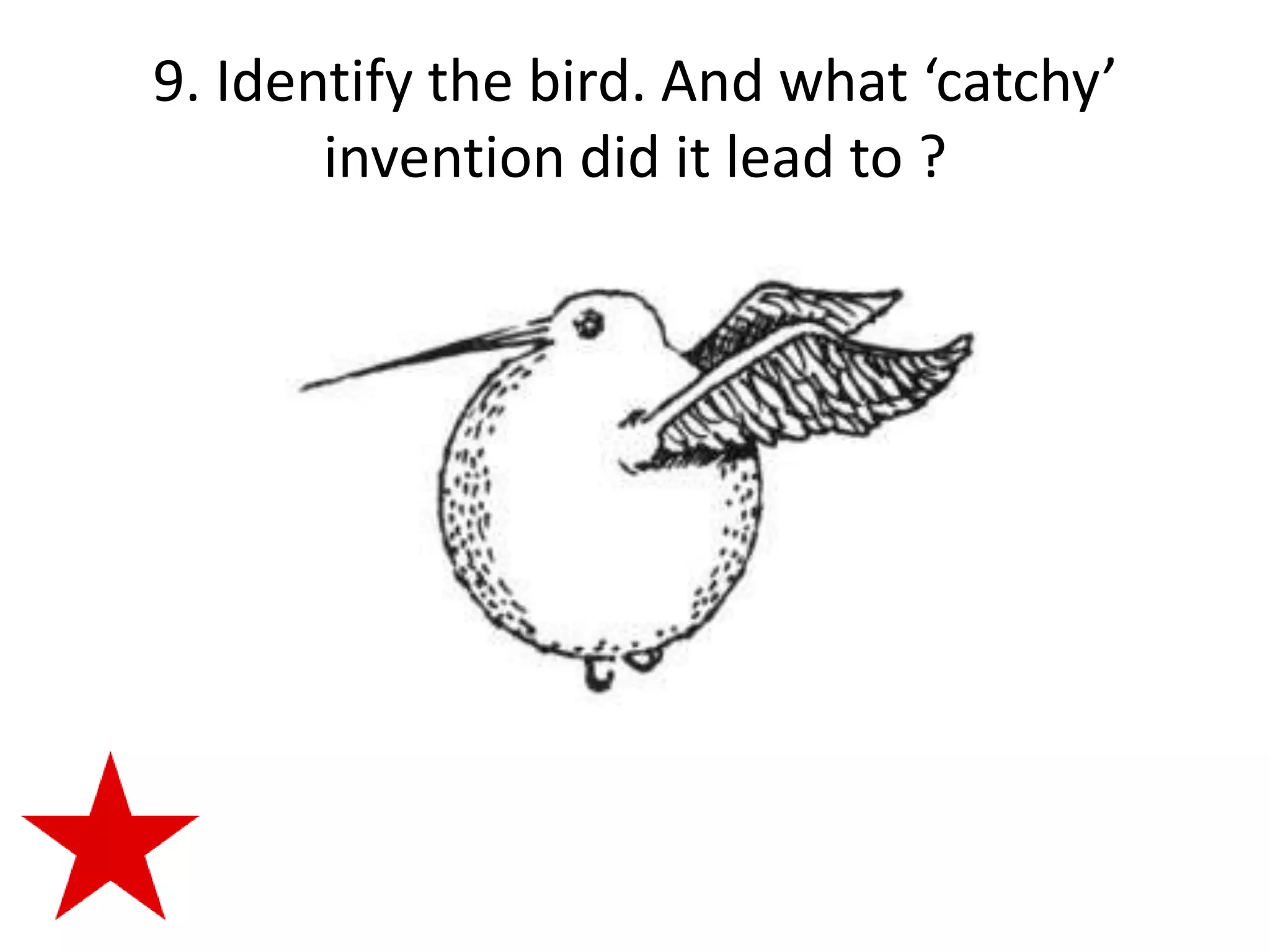 9. Identify the bird. And what ‘catchy’
       invention did it lead to ?
 
