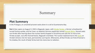 Summary
Plot Summary
In the Prologue, an unnamed prisoner waits alone in a cell at Guantanamo Bay.
Part 1 then opens on August 9, 1945 in Nagasaki, Japan, with Hiroko Tanaka, a former schoolteacher
turned factory worker, and her lover, an idealistic German expatriate named Konrad Weiss. Konrad seeks
out Hiroko after hearing about the nuclear bomb dropped in Hiroshima and asks her to marry him.
Hiroko accepts. Just after Konrad leaves, Nagasaki is bombed. The nuclear explosion burns the birds on
Hiroko’s kimono into her back, permanently scarring her. Afterwards, all that Hiroko can find of Konrad is
his shadow, the result of body fat burned into stone due to radiation.
 