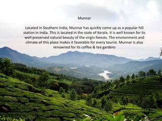 Munnar
Located in Southern India, Munnar has quickly come up as a popular hill
station in India. This is located in the state of Kerala. It is well known for its
well-preserved natural beauty of the virgin forests. The environment and
climate of this place makes it favorable for every tourist. Munnar is also
renowned for its coffee & tea gardens

 