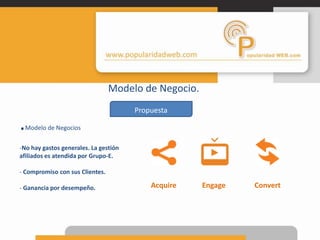 Link Building de Nicho (Popularidad Web).-Gestión de contenidos (Blog Marketing).-Publicidad Online en nuestra Travel Ad Network..Creemos en la excelencia de una Compañía de E-Marketing Orgánica, por ello ofrecemos planes para diferentes tipos de clientes con alto retorno de inversión.-SEO STARTER-SEO PRO-SEO PREMIUM-SEO PERFORMANCE