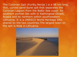 The Curonian Spit (Kuršių Nerija ) is a 98 km long,
thin, curved sand-dune spit that separates the
Curonian Lagoon from the Baltic Sea coast. Its
southern portion lies with in Kaliningrad Oblast,
Russia and its northern within southwestern
Lithuania. It is a UNESCO World Heritage Site
shared by the two countries.The largest town on
the spit is Nida in Lithuania.
 